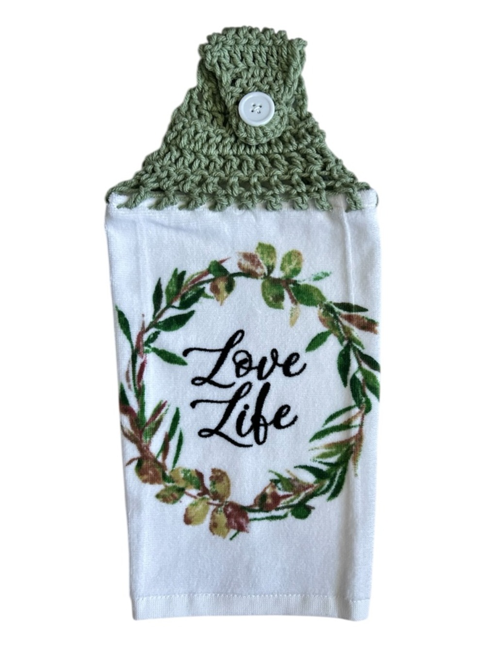 Hand Crafted Kitchen Hand Towel Crochet Hanging Colorful Floral Love Life logo
